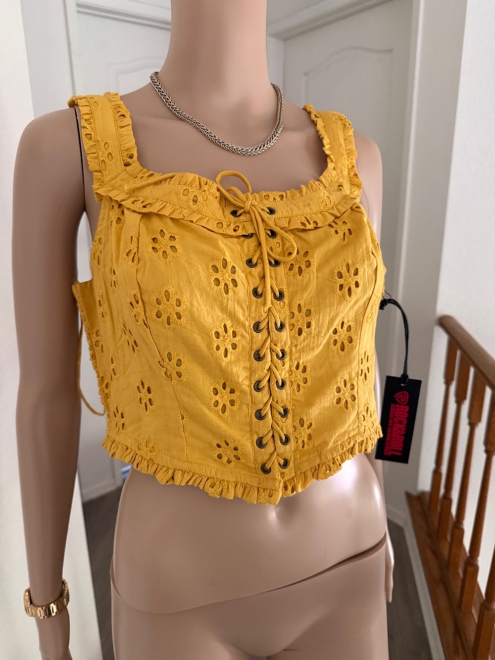 Rock & Roll Denim festival corset top-mustard yellow eyelet top-Sz L NWT